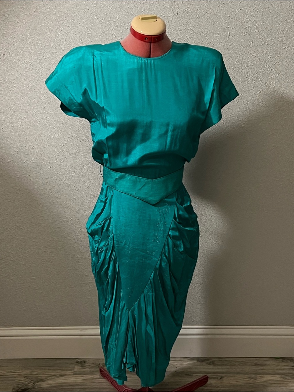 Vintage Teal Satin Vintage-Inspired Draped Midi Dress
